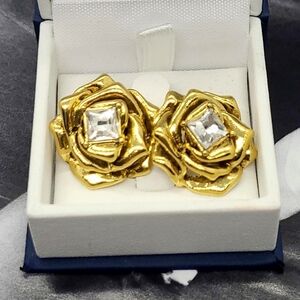 Vintage Beautiful Crystal Blooming Rose Flower Gold Drop Earrings